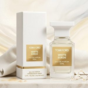 Tom Ford White White Suede Eau de Perfum In A White Bottle With A Gold Label